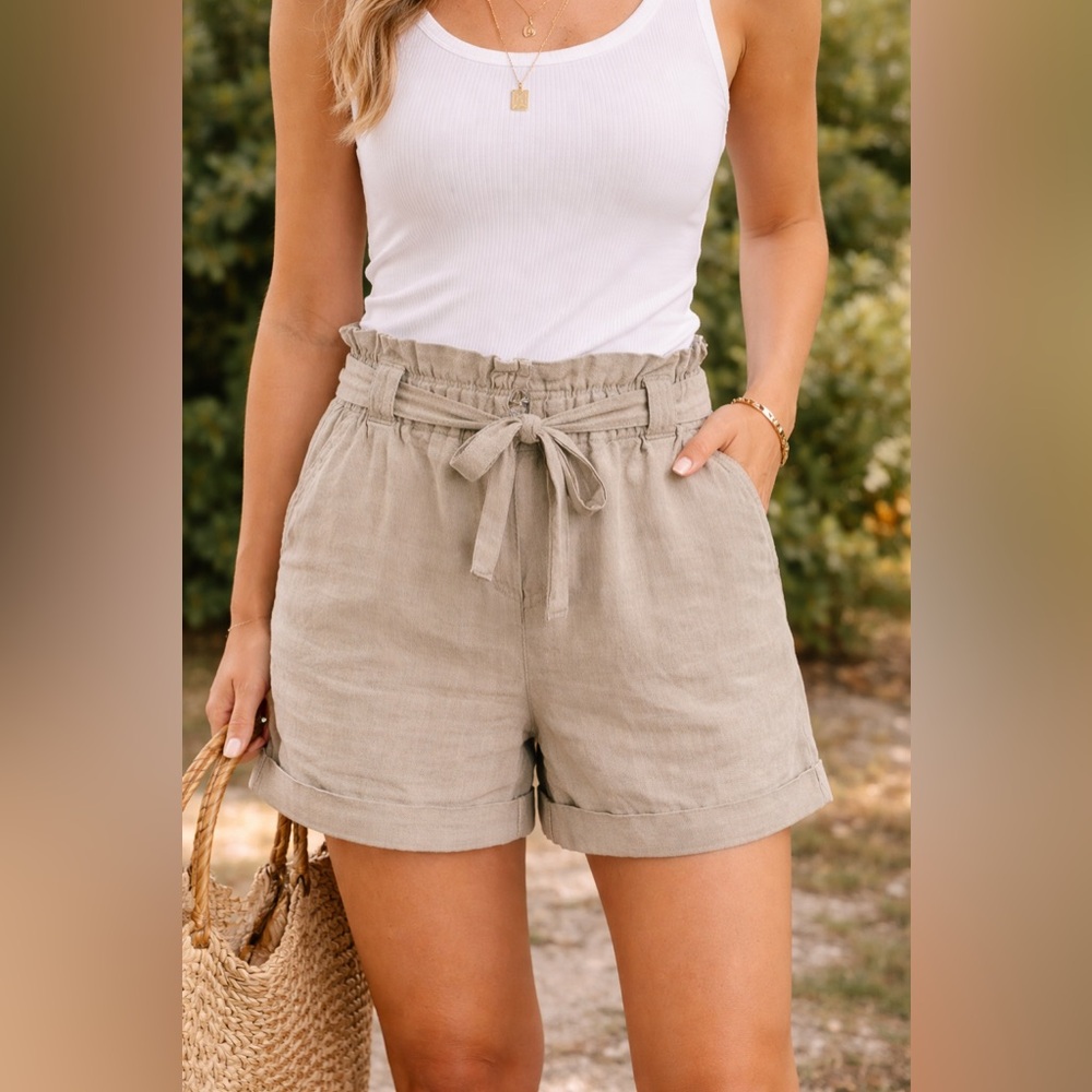 So perla 100% Linen Paperbag Waist Shorts Beige Tie Waist Summer Shorts Size L
